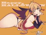  1girl ass bare_shoulders blonde_hair breasts demon_girl demon_horns demon_wings detached_sleeves halloween happy_halloween heart highres horns huge_ass huge_breasts long_hair looking_at_viewer mil_(xration) one_eye_closed ragnarok_online sideboob solo succubus_(ragnarok_online) thick_thighs thighs wings yellow_eyes 