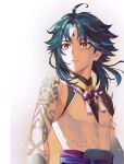  1boy arm_tattoo bead_necklace beads black_hair blue_hair commentary_request facial_mark forehead_mark genshin_impact jewelry male_focus multicolored_hair necklace orange_eyes parted_lips simple_background single_sleeve solo spikes tattoo togatamaki upper_body xiao_(genshin_impact) 