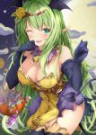  1girl absurdres aqua_eyes blush breasts candy character_request cleavage demon_tail dress food food-themed_hair_ornament full_moon garter_straps gloves green_dress green_hair hair_ornament halloween halloween_costume hand_on_own_face head_wings highres holding large_breasts long_hair looking_at_viewer moon neck_ribbon one_eye_closed open_mouth original pointy_ears pumpkin_hair_ornament ribbon rumiko_(rmeco) smile tail thighhighs 