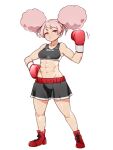  1girl abs afro_puffs black_shorts boxers boxing_gloves chuatury_panlunch double_bun gloves gundam gundam_suisei_no_majo hair_bun hanzo_(2929) highres looking_at_viewer male_underwear muscular muscular_female pink_eyes pink_hair red_footwear shoes shorts sports_bra underwear white_background 