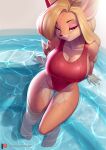  2022 5_fingers 5_toes activision anthro artist_name bandicoot blonde_hair breasts cleavage clothed clothing crash_bandicoot_(series) feet female fingers hair hi_res mammal marsupial one-piece_swimsuit pakwan008 partially_submerged red_clothing red_swimwear signature solo swimming_pool swimwear tawna_bandicoot text toes url video_games water wet wet_body 