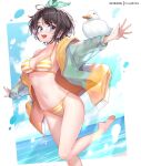  1girl :d animal animal_on_arm aqua_eyes barefoot bikini bird black_hair bow breasts duck floating_hair foot_up hair_bow hololive hong_(white_spider) hood hooded_jacket jacket medium_breasts multicolored_clothes multicolored_jacket navel oozora_subaru outstretched_arms patreon_username polka_dot polka_dot_bow short_hair smile standing standing_on_one_leg stomach strap_gap striped striped_bikini swimsuit two-tone_jacket virtual_youtuber 