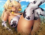  1girl :o animal_ears animal_print ass bangs bare_shoulders bell blonde_hair blush breasts chocolate_milk cleavage cow_ears cow_girl cow_horns cow_print cowbell crotch_seam dark-skinned_female dark_elven_forest_ranger dark_skin day elbow_gloves elf gloves highres horns huge_breasts last_origin leaning_back legs_up long_hair looking_at_viewer lying nanami_neru official_alternate_costume on_back open_mouth outdoors plump pointy_ears print_gloves print_legwear purple_eyes solo tan thick_thighs thighhighs thighs 