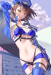  1girl absurdres arm_up azur_lane baltimore_(azur_lane) baltimore_(finish_line_flagbearer)_(azur_lane) bangs bikini black_coat blue_bikini blue_footwear blue_hair blue_headwear blue_jacket blue_shorts blue_sky boots braid breasts brown_hair chest_harness choker cleavage closed_mouth cloud coat collarbone commentary cowboy_shot cropped_jacket day flag floating_hair french_braid garter_straps gloves hair_between_eyes harness hat highleg highleg_bikini highres holding holding_pole jacket light_blue_hair looking_at_viewer medium_breasts micro_shorts mismatched_bikini navel official_alternate_costume open_clothes open_jacket outdoors pole race_queen shino_pupille short_hair shorts sidelocks sky smile solo standing stomach swimsuit thigh_boots thigh_strap underboob yellow_eyes 