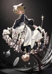  1girl 2022 absurdres afk_arena alternate_costume apron bangs black_dress blonde_hair blue_eyes braid dress dress_grab enmaided half-closed_eyes highres long_sleeves maid maid_apron maid_headdress open_mouth plate rosaline_(afk_arena) san_(harutuki_3) solo spinning standing 