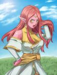  1girl alto_(natsusansai) blue_sky breasts chronoa circlet colored_skin detached_sleeves dragon_ball dragon_ball_heroes dragon_ball_xenoverse earrings grass hand_in_own_hair hand_on_hip highres jewelry large_breasts long_hair open_mouth pink_hair pink_skin pointy_ears potara_earrings sky solo upper_body yellow_eyes 