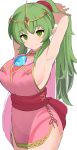  1girl 2022 absurdres armpits arms_behind_head bangs breasts closed_mouth dress fire_emblem fire_emblem_awakening fire_emblem_heroes green_eyes grey_hair hair_ornament hair_scrunchie highres kocha_(jgug7553) large_breasts long_hair looking_at_viewer looking_to_the_side official_alternate_costume pink_dress ponytail scrunchie sideboob sidelocks smile solo standing thighs tiara tiki_(fire_emblem) 