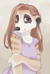  2022 anthro black_nose breasts brown_eyes brown_hair clothed clothing digital_media_(artwork) female fur hair herpestid looking_at_viewer mammal maya_(tasanko) meerkat simple_background smile solo tan_body tan_fur tasanko 