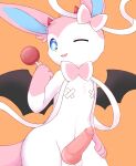  2022 4_fingers absurd_res aleuoliver anthro balls eeveelution erection fingers fur generation_6_pokemon genitals hand_on_hip hi_res horn male navel nintendo one_eye_closed orange_background penis pink_body pink_ears pink_fur pink_tongue pokemon pokemon_(species) pose simple_background solo sylveon tongue video_games white_body white_fur wings 