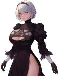  aztodio bangs black_dress black_gloves black_hairband blue_eyes blush breasts dress gloves hairband large_breasts long_sleeves looking_at_viewer nier_(series) nier_automata parted_lips short_hair side_slit simple_background thighs white_background white_hair yorha_no._2_type_b 
