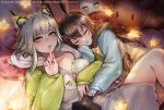  2girls amiya_(arknights) animal_ear_fluff animal_ears arknights artist_name blue_sweater breasts cat_ears cat_girl character_doll character_name cleavage closed_eyes collarbone copyright_name dated green_eyes green_hair green_sweater grey_sweater hairtail highres hood hood_down hooded_sweater hug index_finger_raised jewelry kal&#039;tsit_(arknights) lips long_hair long_sleeves medium_breasts multiple_girls multiple_rings pajamas parted_lips partially_unbuttoned rabbit_ears rabbit_girl ring sleeping smile star_(symbol) stuffed_animal stuffed_bunny stuffed_toy sweater two-tone_sweater 