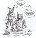  0laffson anthro caracal caracal_(genus) carrot clothed clothing cucumber duo english_text felid feline female food garlic graphite_(artwork) holding_knife holding_object kari_(0laffson) knife lynx male mammal monochrome pencil_(artwork) plant shadi_(0laffson) text traditional_media_(artwork) vegetable 