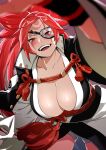  1girl baiken blush breasts cleavage eyepatch facial_tattoo guilty_gear guilty_gear_strive highres japanese_clothes kimono large_breasts looking_at_viewer omagacchu open_clothes open_kimono open_mouth ponytail red_eyes red_hair samurai solo tattoo 