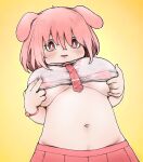  2019 animal_humanoid big_breasts blush bottomwear breasts clock clothed clothing clothing_lift crotch_lines foogyakumo front_view hair hi_res humanoid looking_at_viewer low-angle_view low-riding mammal mammal_humanoid midriff navel necktie nipples open_mouth pig_humanoid pink_bottomwear pink_clothing pink_eyes pink_hair pink_necktie pink_skirt portrait shirt shirt_lift short_hair simple_background skirt standing suid suid_humanoid suina suina_humanoid three-quarter_portrait tiga_sushi topwear translucent translucent_clothing translucent_shirt translucent_topwear under_boob watch white_clothing white_shirt white_topwear wristwatch yellow_background 