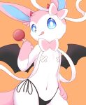  2022 4_fingers absurd_res aleuoliver anthro black_clothing clothed clothing eeveelution fingers fur generation_6_pokemon hand_on_hip hi_res horn navel nintendo orange_background pink_body pink_ears pink_fur pink_tongue pokemon pokemon_(species) pose simple_background solo sylveon tongue video_games white_body white_fur wings 