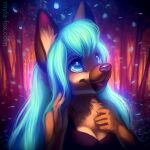  1:1 2016 anthro black_nose blue_eyes blue_hair brown_body brown_fur bust_portrait canid clothed clothing eyelashes female forest front_view fur glistening glistening_eyes glistening_nose glowing glowing_hair hair looking_up mammal mylafox open_mouth open_smile outside plant portrait purple_clothing purple_topwear smile solo tan_body tan_fur text topwear tree url 