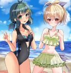  2girls absurdres ahoge andou_tazusa antenna_hair assault_lily bangs bare_arms bare_legs bare_shoulders beach bikini bikini_skirt black_bikini black_one-piece_swimsuit blue_sky blush bow breasts casual_one-piece_swimsuit cleavage closed_mouth cloud collarbone commentary_request commission day floral_print flower green_eyes green_hair grey_bow hair_between_eyes hair_bow hair_flower hair_ornament hand_on_own_chest hand_up hands_on_own_chest high_ponytail highres horizon kneeling looking_at_viewer low_twintails medium_breasts multiple_girls navel ocean official_alternate_costume official_alternate_hairstyle on_ground one-piece_swimsuit outdoors parted_lips ponytail print_bikini print_swimsuit raised_eyebrows red_eyes short_hair skeb_commission sky smile stomach swimsuit twintails unzipped w wavy_mouth ya-man yellow_bikini yellow_flower yoshimura_thi_mai zipper_pull_tab 
