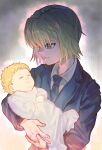  1boy absurdres androgynous baby baby_carry bangs black_suit blonde_hair carrying formal highres holding_baby hunter_x_hunter kurapika long_sleeves male_focus necktie scene_reference short_hair smile solo suit tomaton_(t_0) upper_body 
