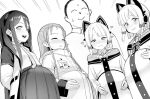  1boy 4girls arisu_(blue_archive) blue_archive blush bow cat_ear_headphones forehead greyscale hair_bow hairband headphones heart jacket midori_(blue_archive) momoi_(blue_archive) monochrome multiple_girls pregnant school_uniform sensei_(blue_archive) sweat yuzu_(blue_archive) 