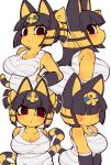  2022 :&lt; alternate_hairstyle animal_crossing ankha_(animal_crossing) anthro armor bandage bangs big_breasts blue_hair blunt_bangs blush bodily_fluids breasts cleavage clothed clothing domestic_cat felid feline felis female fukurou_ya fur hair hair_over_eyes hands_behind_back hi_res long_hair looking_at_viewer mammal markings multiple_images nintendo ponytail red_eyes simple_background solo striped_markings striped_tail stripes sweat sweatdrop tail_markings twintails_(hairstyle) uraeus vambraces video_games white_background wraps yellow_body yellow_fur 