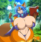  anthro armor big_breasts big_tail bikini_armor blue_hair book breasts canid canine cape cleavage clothed clothing cuff_bracelet eyewear female forest fox fur glasses hair holding_book holding_object huge_breasts legwear looking_aside magic_user mammal mastergodai medium_hair orange_body orange_fur patreon patreon_logo plant red_eyes solo spellbook standing thigh_highs thong tree unconvincing_armor underwear 