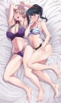  2girls aqua_eyes armpits arms_up bangs barefoot bed_sheet bikini black_bikini black_hair blue_eyes blush breasts cleavage collarbone commentary_request feet full_body gridman_universe highres large_breasts layered_bikini light_purple_hair long_hair looking_at_viewer medium_breasts mujina multiple_girls navel open_mouth parted_lips ponytail short_hair sideboob ssss.dynazenon ssss.gridman stomach swimsuit takarada_rikka teeth thighs toes upper_teeth wakusei-planet 