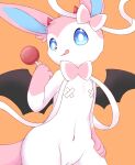  2022 4_fingers absurd_res aleuoliver anthro eeveelution female fingers fur generation_6_pokemon genitals hand_on_hip hi_res horn navel nintendo orange_background pink_body pink_ears pink_fur pink_tongue pokemon pokemon_(species) pose pussy simple_background solo sylveon tongue video_games white_body white_fur wings 