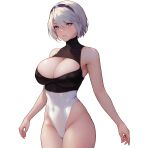  absurdres aztodio bangs bare_arms bare_shoulders black_hairband blue_eyes blush breasts cleavage cleavage_cutout clothing_cutout covered_navel hairband highleg highleg_leotard highres large_breasts leotard looking_at_viewer nier_(series) nier_automata parted_lips short_hair simple_background thighs white_background white_hair white_leotard yorha_no._2_type_b 