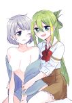  2girls alina_gray azusa_mifuyu bangs blunt_ends blush bow bowtie breasts green_eyes green_hair grey_hair hair_between_eyes highres long_hair loose_bowtie magia_record:_mahou_shoujo_madoka_magica_gaiden mahou_shoujo_madoka_magica medium_breasts mizuki_(flowerlanguage) multicolored_hair multiple_girls nude open_mouth sakae_general_school_uniform school_uniform short_hair sidelocks simple_background sleeves_rolled_up smile straight_hair streaked_hair very_long_hair 