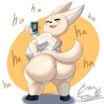  1:1 absurd_res aggressive_retsuko anthro big_breasts big_butt blush bodily_fluids bottomless breasts bubble_butt butt canid canine cellphone clothed clothing convenient_censorship cross_samax english_text eyelashes female fennec fenneko finger_wag fox fur half-closed_eyes hand_on_hip hi_res holding_cellphone holding_object holding_phone huge_breasts huge_butt huge_hips huge_thighs laugh looking_at_viewer looking_back mammal motion_lines narrowed_eyes open_mouth open_smile partially_clothed phone rear_view sagging_breasts sanrio shaded shadow short_stack simple_background smile smug solo standing sweat sweaty_butt teeth text thick_thighs tongue wide_hips 