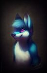  2016 anthro blue_body blue_fur blue_hair blue_nose canid cheek_tuft closed_smile dated facial_tuft fur glistening glistening_eyes hair half-length_portrait hi_res looking_up male mammal mouth_closed mylafox neck_tuft nude pink_eyes portrait signature simple_background solo three-quarter_view tuft white_body white_fur 