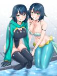  2girls awono_nanaumi bangs black_gloves black_one-piece_swimsuit blue_hair blush breasts cleavage closed_mouth collarbone commentary_request competition_swimsuit cropped_jacket dual_persona fukami_nana gloves green_eyes green_jacket grin hair_flaps highres jacket large_breasts looking_at_viewer mermaid monster_girl multiple_girls one-piece_swimsuit original pool short_hair smile soaking_feet swimsuit teeth thighhighs water 
