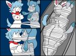  2022 3_panel_comic accessory angry arms_tied blue_background blue_hair blue_nipples blue_tail blush bound bound_together bow_ribbon breast_squish breasts breasts_frottage butt clothed clothed/nude clothing comic digital_media_(artwork) duo eeveelution eyes_closed female female/female forced forced_kiss generation_4_pokemon generation_6_pokemon glaceon hair hair_accessory hair_bow hair_ribbon kissing legs_tied mummification nintendo nipples nude one_eye_closed open_mouth pink_eyes pink_nipples pokemon pokemon_(species) raised_tail reimon-master-ii ribbons sarcophagus simple_background squish sylveon teal_eyes video_games white_body 
