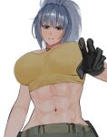  1girl abs absurdres bare_shoulders blue_eyes blue_hair breasts dan_koflove earrings gloves highres jewelry large_breasts leona_heidern muscular muscular_female navel ponytail simple_background sleeveless solo tank_top the_king_of_fighters the_king_of_fighters_xv triangle_earrings white_background yellow_tank_top 