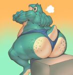  2022 amphibian anthro big_butt blue_clothing blue_underwear breath butt cheek_spots clothed clothing crossed_arms eyes_closed freckles froen_(zi_ran) frog gradient_background green_background green_body green_skin hi_res huge_butt male multicolored_body multicolored_skin orange_background overweight overweight_male presenting presenting_hindquarters scut_tail short_tail simple_background sitting solo spots spotted_body spotted_skin striped_body striped_skin stripes tan_body tan_skin two_tone_body two_tone_skin underwear underwear_only zi_ran 