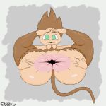  anthro anus balls big_butt brown_body brown_eyebrows brown_fur brown_hair brown_tail bumkey butt eyebrows fan_character feet fur gaping gaping_anus genitals green_eyes hair hand_on_butt haplorhine hi_res humanoid lying male mammal monkey on_back primate solo spread_butt spreading stookybum tail 