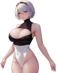  1girl aztodio back_cutout bare_shoulders black_hairband blue_eyes blush breasts cleavage cleavage_cutout clothing_cutout collarbone hairband large_breasts leotard looking_at_viewer mole mole_under_mouth nier_(series) nier_automata no_blindfold short_hair simple_background sleeveless solo thong_leotard virtuous_contract white_hair white_leotard yorha_no._2_type_b 