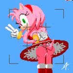  1:1 amy_rose anthro bottomless bottomless_female camera_overlay clothed clothing digital_media_(artwork) dress eulipotyphlan female fur genitals gesture green_eyes hand_behind_back hedgehog mammal pink_body pink_fur pixel_(artwork) pussy red_clothing red_dress sega signature solo sonic_the_hedgehog_(series) tongue tongue_out unknown_artist unknown_artist_signature upskirt v_sign viewfinder 