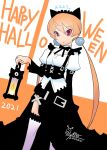  1girl alisa_southerncross animal_ears artist_name black_dress breasts cat_ears dated dress english_text halloween happy_halloween highres keroro_gunsou long_hair looking_at_viewer orange_hair oyster_(artist) red_eyes small_breasts solo twintails 