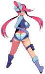  1girl blue_eyes blue_footwear blue_gloves blue_jacket blue_shorts boots breasts cropped_jacket gloves hair_ornament harubato highres jacket large_breasts midriff one_side_up pokemon pokemon_(game) pokemon_bw red_hair short_hair_with_long_locks short_shorts shorts sidelocks skyla_(pokemon) solo thigh_pouch turtleneck 