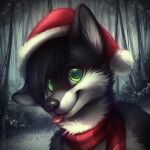  1:1 anthro black_hair blep bust_portrait canid cheek_tuft christmas christmas_clothing christmas_headwear clothing dark_body dark_fur facial_tuft fur glistening glistening_eyes green_eyes grey_body grey_fur hair hat headgear headwear holidays looking_at_viewer male mammal mylafox neck_tuft outside portrait red_scarf red_tongue santa_hat scarf snow solo text tongue tongue_out tuft url white_body white_fur 