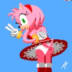  1:1 amy_rose anthro clothed clothing digital_media_(artwork) dress eulipotyphlan female fur gesture green_eyes hand_behind_back hedgehog low-angle_view mammal panties pink_body pink_fur pixel_(artwork) red_clothing red_dress sega signature solo sonic_the_hedgehog_(series) tongue tongue_out underwear unknown_artist unknown_artist_signature upskirt v_sign 