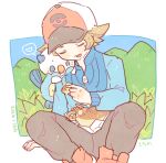  1boy 2016 baseball_cap black_pants blue_jacket closed_eyes dated food grass hat heart hilbert_(pokemon) holding holding_food jacket katiko light_brown_hair long_sleeves no_nose on_shoulder open_mouth oshawott pants pokemon pokemon_(creature) pokemon_(game) pokemon_bw pokemon_on_shoulder short_hair sitting smile spoken_heart teeth twitter_username zipper_pull_tab 