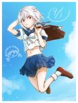  1girl accelerator_(toaru_majutsu_no_index) bag bangs blue_sailor_collar blue_skirt blue_sky border brown_footwear cloud commentary_request diceloooc flower full_body genderswap genderswap_(mtf) hair_flower hair_ornament highres holding holding_bag kamijou_touma loafers midriff navel neckerchief red_eyes sailor_collar shoes short_sleeves skirt sky socks solo suzushina_yuriko toaru_majutsu_no_index white_border white_hair white_neckerchief white_socks 