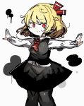  1girl andanon ascot bangs black_skirt black_vest blonde_hair closed_mouth hair_ribbon highres long_sleeves looking_at_viewer outstretched_arms red_ascot red_eyes red_ribbon ribbon rumia shirt short_hair skirt smile solo touhou vest white_background white_shirt 