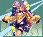  1girl aqua_hair character_hair_ornament hair_ornament highres iono_(pokemon) jacket kornart long_hair long_sleeves looking_at_viewer multicolored_hair oversized_clothes pink_eyes pink_hair pokemon pokemon_(game) pokemon_sv smile solo standing star_(symbol) thigh_strap twitter_username two-tone_hair yellow_jacket 