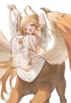 1girl ;d ahoge armlet armpits arms_up bandages bangs bare_shoulders blonde_hair blush bracelet breast_curtains breasts centauroid character_request choker cleavage commentary_request cowboy_shot fang feathered_wings hair_between_eyes hair_ornament highres huge_ahoge jewelry large_breasts long_hair looking_at_viewer monster_girl monster_musume_td naked_bandage navel one_eye_closed open_mouth revealing_clothes see-through see-through_sleeves sidelocks simple_background skin_fang smile solo sphinx standing stomach taur tomisaka_yorui white_background wings yellow_eyes 