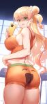  1girl absurdres ass back belly_grab blonde_hair boxers breasts cellphone demmy from_behind from_below green_eyes hair_bun highres hololive large_breasts long_hair male_underwear momosuzu_nene nekko_(momosuzu_nene) phone pinching shaded_face skindentation solo sweat tank_top thighs underwear virtual_youtuber weight_conscious 