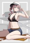  1girl ar-57_(girls&#039;_frontline) armpits bare_arms bare_legs bare_shoulders barefoot baseball_cap belt bikini black_bikini black_choker blue_shorts breasts choker cleavage commission denim denim_shorts ear_piercing earrings expressionless girls&#039;_frontline green_eyes halterneck hand_up hat highres jewelry kawara_pigeon long_hair looking_at_viewer medium_breasts midriff navel parted_lips piercing pink_hair ponytail short_shorts shorts sidelocks sideways_hat sitting solo stomach string_bikini swimsuit thighs wariza white_headwear 