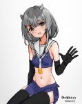  1girl black_gloves black_thighhighs blue_skirt crop_top dated fake_horns gloves grey_eyes grey_hair highres horns i-201_(kancolle) kangoku_kou kantai_collection long_hair looking_at_viewer midriff navel neckerchief one-hour_drawing_challenge rudder_footwear sailor_collar simple_background skirt smile solo thighhighs twitter_username waving white_neckerchief white_sailor_collar 